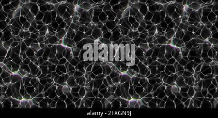 caustiche sotto la superficie dell'acqua. Acqua di piscina con raggi luminosi. Ripple Caustics. Acqua caustica su sfondo nero. Vista dall'alto texture senza giunture. Illustrazione Foto Stock
