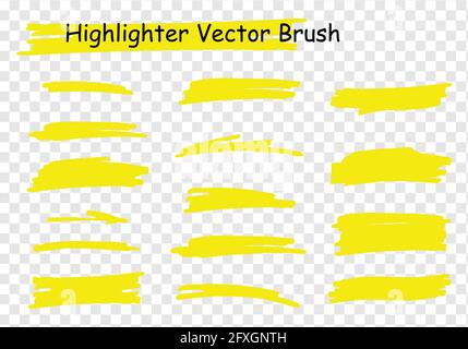 Vector evidenziatore set di spazzole. Disegnata a mano evidenziazione gialla strisce marcatore. Illustrazione Vettoriale