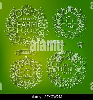 Elementi decorativi su tema Farm in stile piatto, disegno con linee grigie su sfondo verde Illustrazione Vettoriale
