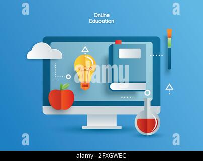 Formazione on-line sul computer. Imparare a casa con il concetto di allontanamento sociale. Illustrazione Vettoriale