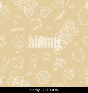 Modello vettoriale senza giunture disegnato a mano con pizza. Stile di schizzo. Perfetto per volantini, biglietti, poster, stampe, menu, opuscoli Illustrazione Vettoriale