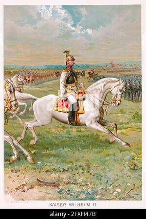Guglielmo II (1859-1941) (Guglielmo II) in uniforme militare a cavallo, l'ultimo imperatore tedesco (Kaiser) e Re di Prussia (1888-1918), ritratto equestre di Shober & Carqueville Litho, circa 1891 Foto Stock