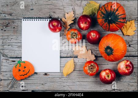 Sfondo di ringraziamento: Mele, zucche e foglie cadute su sfondo di legno. Spazio di copia per il testo. Halloween, giorno del Ringraziamento o autumna stagionale Foto Stock