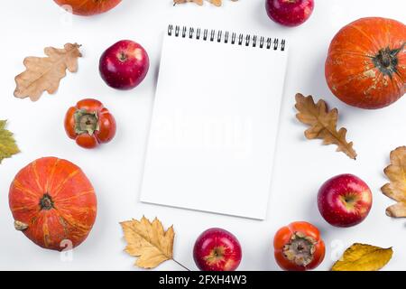 Concetto di autunno, autunno, Halloween. Carta bianca taccuino bianco, zucche, mele, persimmons e foglie d'autunno secche su sfondo bianco. Posa piatta, parte superiore v Foto Stock