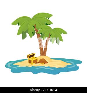 Petto di legno con monete oro tesoro sull'isola con palme in stile cartoon isolato su sfondo bianco. Aprire la casella Dettagli. . Illustrazione vettoriale Illustrazione Vettoriale