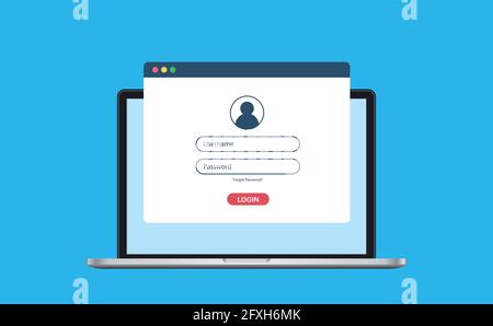 Computer portatile con autorizzazione sulla pagina del browser, login e password dell'utente al sistema o account, illustrazione vettoriale Illustrazione Vettoriale