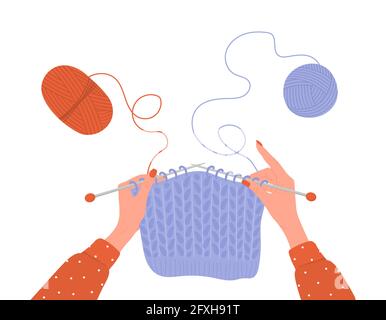 Processo di Unione. Palle di filato. Mani femminili con aghi e filo. Vista dall'alto del luogo di lavoro. Personalizza gli elementi del negozio. Illustrazione vettoriale disegnata a mano Illustrazione Vettoriale