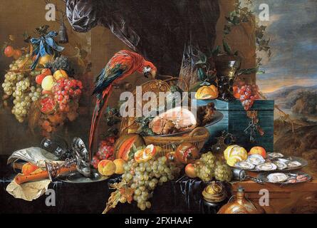 Abbondante vita morta con un pappagallo - Jan Davidsz. De Heem, circa 1650 Foto Stock