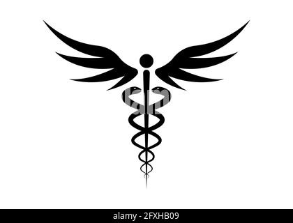 Simbolo del caduceo medico di colore nero. Logo concetto di salute pubblica, due torce serpenti silhouette. Antico segno hermes Rod, vettore isolato su bianco Illustrazione Vettoriale