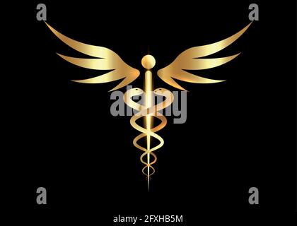 Simbolo del caduceo medico di colore dorato. Concetto del logo di lusso dell'oro della salute pubblica, due silhouette delle torce del serpente. Antico segno hermes Rod, icona vettoriale Illustrazione Vettoriale