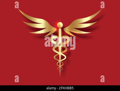 Simbolo del caduceo medico di colore dorato. Concetto del logo di lusso dell'oro della salute pubblica, due silhouette delle torce del serpente. Antico segno hermes Rod, icona vettoriale Illustrazione Vettoriale