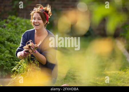 Donna felice che raccoglie verdure fresche nel giardino del cortile Foto Stock