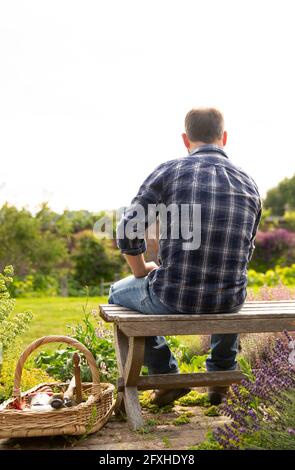 Uomo che prende una pausa dal giardinaggio su panca in giardino estivo soleggiato Foto Stock