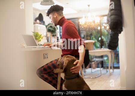 Cane che guarda il giovane uomo che lavora da casa al computer portatile in cucina Foto Stock