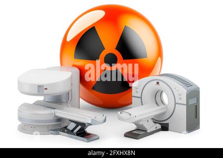 Macchina per RM e scanner TC con segnale di radiazione, rendering 3D isolato su sfondo bianco Foto Stock