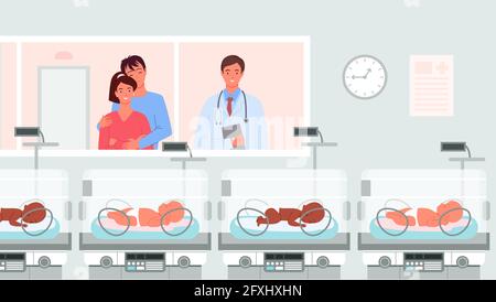 Incubatori per bambini prematuri, neonatologi e genitori felici in piedi nel reparto ospedaliero Illustrazione Vettoriale
