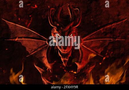 rappresentazione in 3d della scultura della parete del drago nel fuoco e nelle ceneri. Foto Stock
