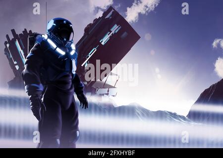 rappresentazione in 3d dell'astronauta in tuta spaziale sulla superficie rocciosa futuristica aliena del pianeta con atterraggio di velivoli navicella spaziale. Foto Stock