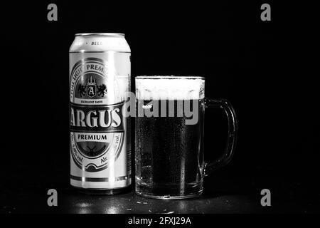 Lattina di birra Argus e bicchiere di birra su sfondo scuro. Fotografia editoriale illustrativa scattata a Bucarest, Romania, 2021 Foto Stock