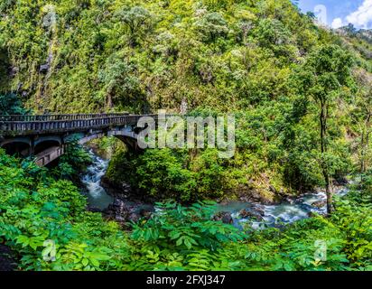 Ponte sul torrente Wailua Nui alle Upper Waikani Falls sulla strada per Hana, Haiku, Maui, Hawaii, USA Foto Stock