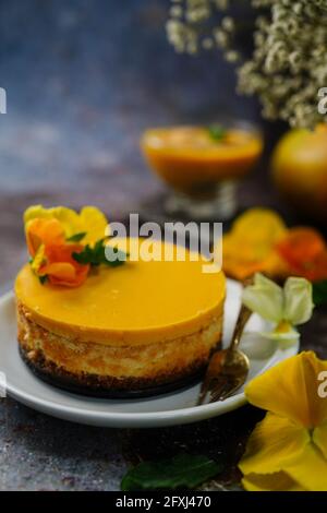 Torta di mousse di mango fatta in casa - dessert estivi, fuoco selettivo Foto Stock