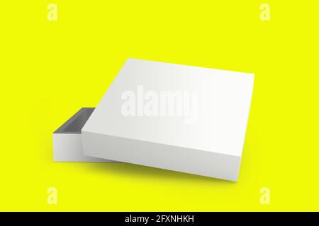Confezione regalo di carta. Riquadro bianco quadrato su sfondo giallo. Imballaggio per mockup. Confezione regalo. rendering 3d. Foto Stock