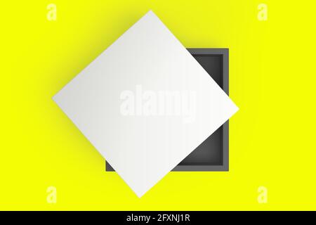 Confezione regalo di carta. Riquadro bianco quadrato su sfondo giallo. Imballaggio per mockup. Confezione regalo. rendering 3d. Foto Stock