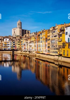 Case colorate e la Cattedrale che si riflette nel fiume Onyar, Girona (Gerona), Catalogna, Spagna, Europa Foto Stock