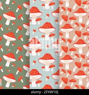 Amanita muscaria mushroom senza cuciture set. Illustrazione vettoriale Illustrazione Vettoriale