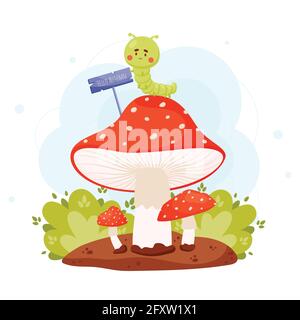 Ciao poster autunnale , carino personaggio dei cartoni animati caterpillar seduto sul fungo amanita. Illustrazione vettoriale Illustrazione Vettoriale