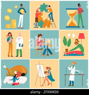 Persone nello stile di vita di tutti i giorni, scene di vita vettoriale illustrazione set. Cartone animato uomo minuscolo che tiene moneta, freelancer che lavora per fare soldi, medico di famiglia con madre e bambino, ragazza che legge sfondo libro Illustrazione Vettoriale