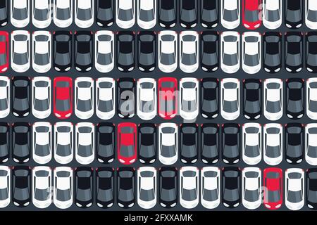 Nuove auto parcheggiate in file pulite. Distribuzione della concessionaria di fabbrica e parcheggio logistico. Illustrazione Vettoriale