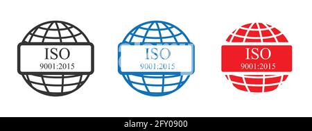 Icona ISO: Rosso, grigio e blu, contorno. Insieme di simboli di segni vettoriali isolati. Illustrazione Vettoriale