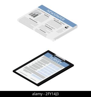 Giornale isometrica e documento di sondaggio su nero icona degli appunti isolati su sfondo bianco. Illustrazione Vettoriale