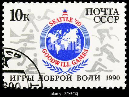 MOSCA, RUSSIA - 31 AGOSTO 2019: Francobollo stampato in Unione Sovietica (Russia) mostra Goodwill Games, serie sportiva, circa 1990 Foto Stock