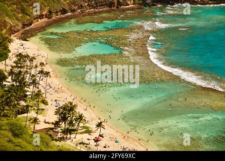 Aereo di calme acque tropicali turchesi e barriera corallina, Hanauma Bay, una destinazione turistica superiore per lo snorkeling nuoto, Oahu, Honolulu, Hawaii, Stati Uniti Foto Stock
