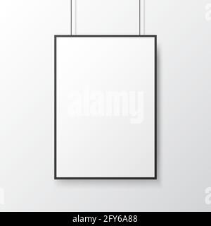 Poster mockup appeso alla parete della luce. Modello bianco con cornice. Primo piano dell'immagine isolata. Vuoto vuoto con ombra morbida. Illustrazione vettoriale. Illustrazione Vettoriale