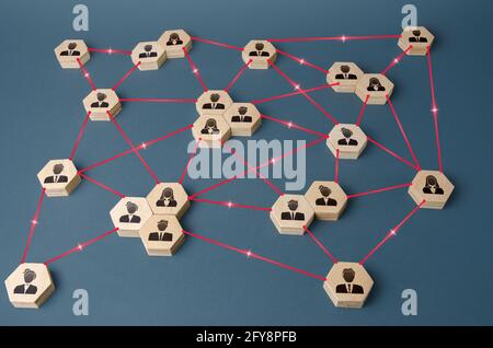 Persone connesse. Interazioni tra dipendenti e gruppi di lavoro. Comunicazione di rete. Sistema gerarchico decentrato dell'azienda. Partnersh Foto Stock