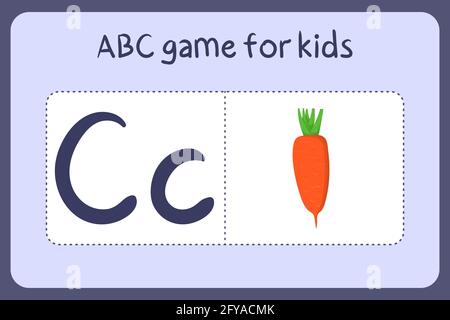 Minigiochi di alfabeto capretto in stile cartoon con lettera C - carota. Illustrazione vettoriale per la progettazione del gioco - taglio e gioco. Imparare abc con carte flash frutta e verdura. Illustrazione Vettoriale