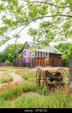 Castroville, Texas, Stati Uniti. 12 aprile 2021. Grande bandiera americana su un fienile nella regione collinare del Texas. Foto Stock