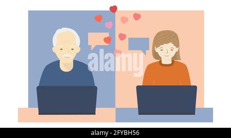 Persone anziane che utilizzano un computer portatile. Uomo e donna che parlano in videochiamata e chattando. Online dating concetto. Video riunione. Illustrazione vettoriale isolata su un Illustrazione Vettoriale