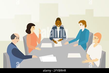 Il capo donna e il suo team discutono del progetto e si rallegra del successo. La città visibile attraverso la finestra. Uomini d'affari che discutono nella sala conferenze. Co Illustrazione Vettoriale