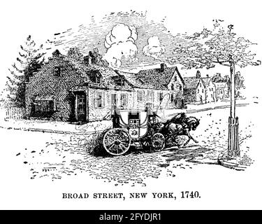 1700 ILLUSTRAZIONE DI CAVALLO E CARROZZA SUL PASSAGGIO DI BROAD STREET DI STILE OLANDESE CASA COLONIALE NEW YORK CITY 1740 - O3425 LAN001 RUOTE HARS TRASPORTO OLANDESE B&W NORD AMERICA CENTRO TRASPORTO CHE PASSA MAMMIFERI LARGO DA G CASE OCCUPAZIONI NEW YORK CITTÀ DI YORK RESIDENCE WAGONS NEW YORK CITY 1740 MAMMIFERO 1700 BIANCO E NERO VECCHIO STILE Foto Stock