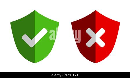 Shield Green e Red icona di sicurezza sicura e non sicura impostata con segno di spunta e X segni di croce con ombra. Immagine vettoriale. Illustrazione Vettoriale