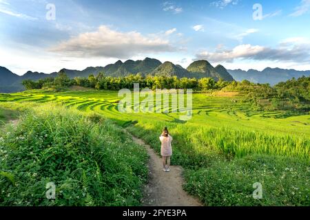 Pu Luong comune, Provincia di Thanh Hoa, Vietnam - 6 maggio 2021: I turisti scattano foto delle bellissime terrazze verdi del comune di pu Luong, Thanh Hoa, VN Foto Stock