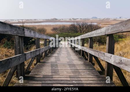 Una bella foto di una passerella in legno nel campo con gli alberi e la collina sullo sfondo Foto Stock