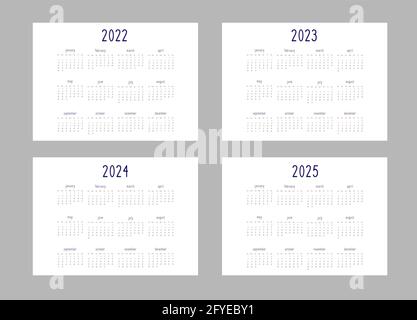 calendario 2022 2023 2024 2025 anni modello in stile classico stretto colori nero e rosso su sfondo bianco. La settimana inizia la domenica. Vettore formato orizzontale. Illustrazione Vettoriale
