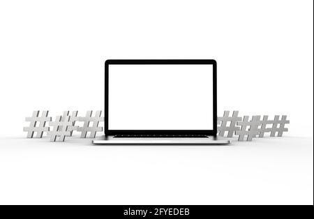 Computer portatile moderno e icona hashtag isolato su sfondo bianco. Illustrazione 3D. Foto Stock