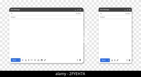 Interfaccia e-mail. Mail mockup finestra per il modulo di feedback. Modello della finestra del browser per il modulo di contatto. Illustrazione vettoriale isolata su backgr trasparente Illustrazione Vettoriale