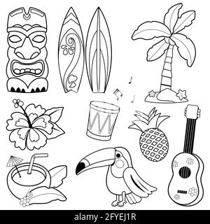 Collezione hawaiana di oggetti tra cui un uccello toucan, maschera tiki e altri elementi di design per le vacanze estive. Pagina da colorare in bianco e nero. Foto Stock
